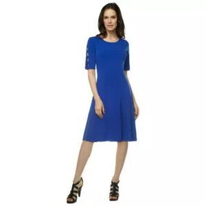 Susan Graver Dress LP Blue Liquid Knit Banded Split Stretch